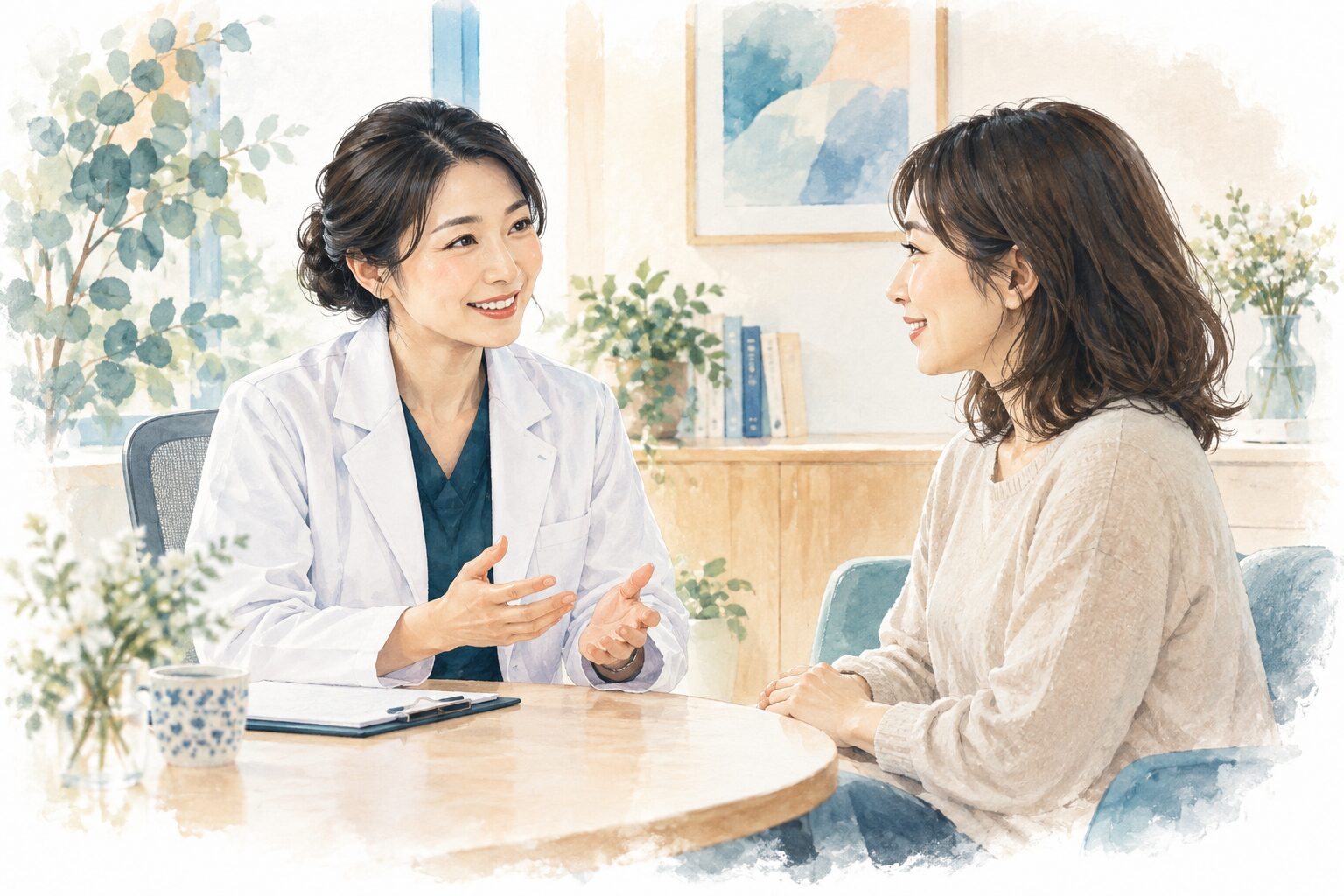産婦人科医が女性患者の相談を聞くイメージ